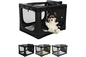Veraste 24 Inch Collapsible Travel Dog Crate for Medium Large Dogs, Portable Dog Crate 4-Door Foldable Soft Kennel with Durable Mesh Windows for Indoor & Outdoor Travel, with Storage Bag,Black