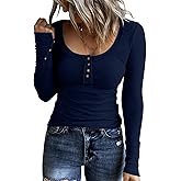 KINLONSAIR Women’s Long Sleeve Henley T Shirts Button Down Slim Fit Tops Scoop Neck Ribbed Knit Shirts