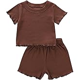 Dimoybabe Toddler Baby Girl Summer Clothes Ribbed Knit Cotton Cute Summer Outfits Short Sleeves 2 Pieces Shorts Set 12M - 5T