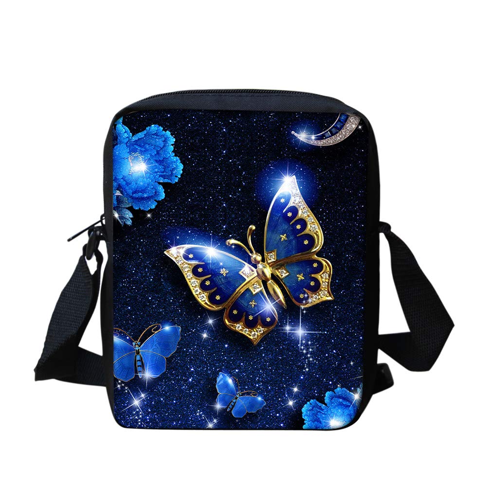 Biyejit Blue Butterfly Crossbody Bag Messenger Bags for Kids Girls Adjustabel Straps Backpack Cell Phone Wallet Travel Sports Pouch