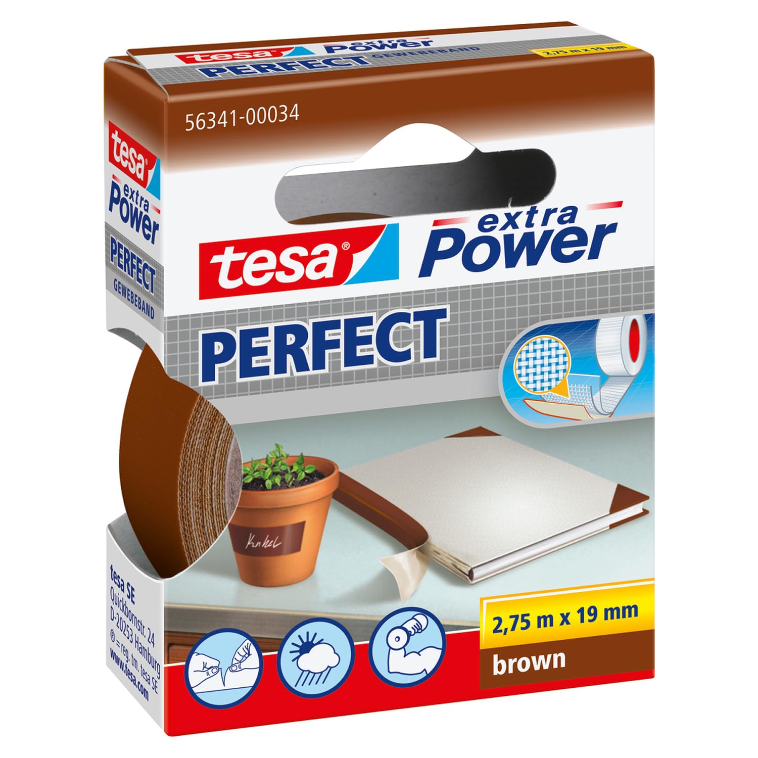 tesa Extra Power Perfect Cloth Tape - Fabric-Reinforced Repairing Tape for Crafting, Repairing, Fastening, Reinforcing and Labelling - Brown - 2.75 m x 19 mm