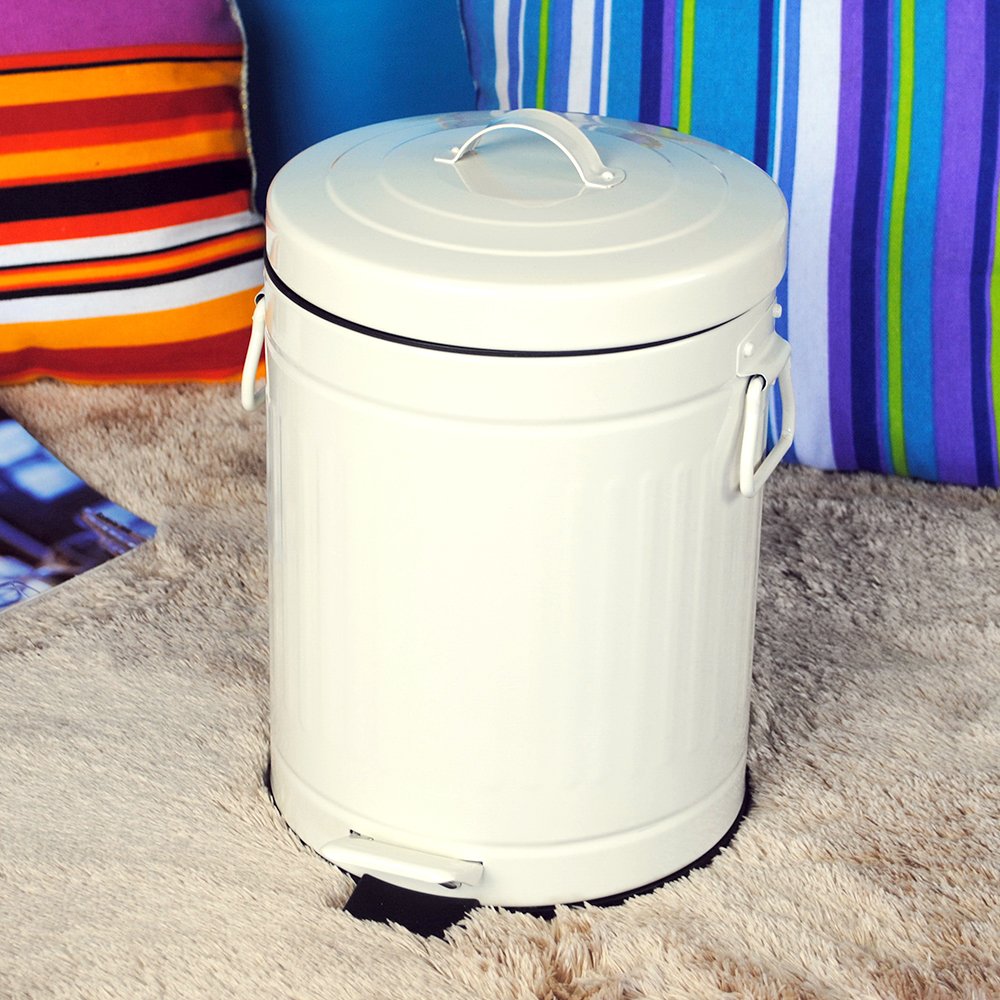 Bathroom Trash Can with Lid, Small White Waste Basket for Home Bedroom, Retro Step Garbage Can with Soft Close, Vintage Office Trash Can, 5 Liter/ 1.3 Gallon, Glossy White