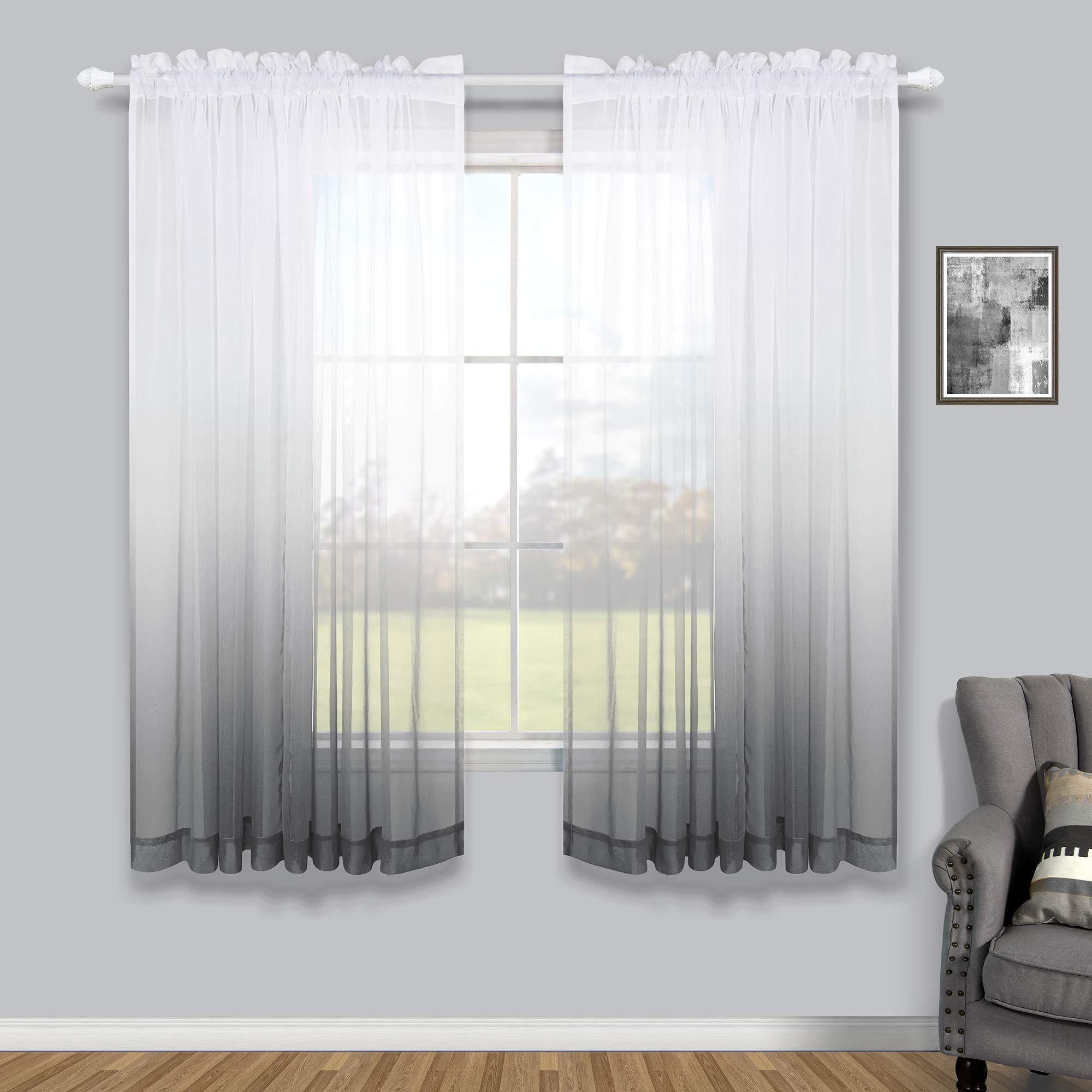 Photo 1 of KOUFALL Grey Curtains 63 Inch Length for Living Room 2 Panels Set Rod Pocket Window Sheer Drapes Ombre Short Thin Curtains for Bathroom Decor Gray Bedroom Set of 2 Panels