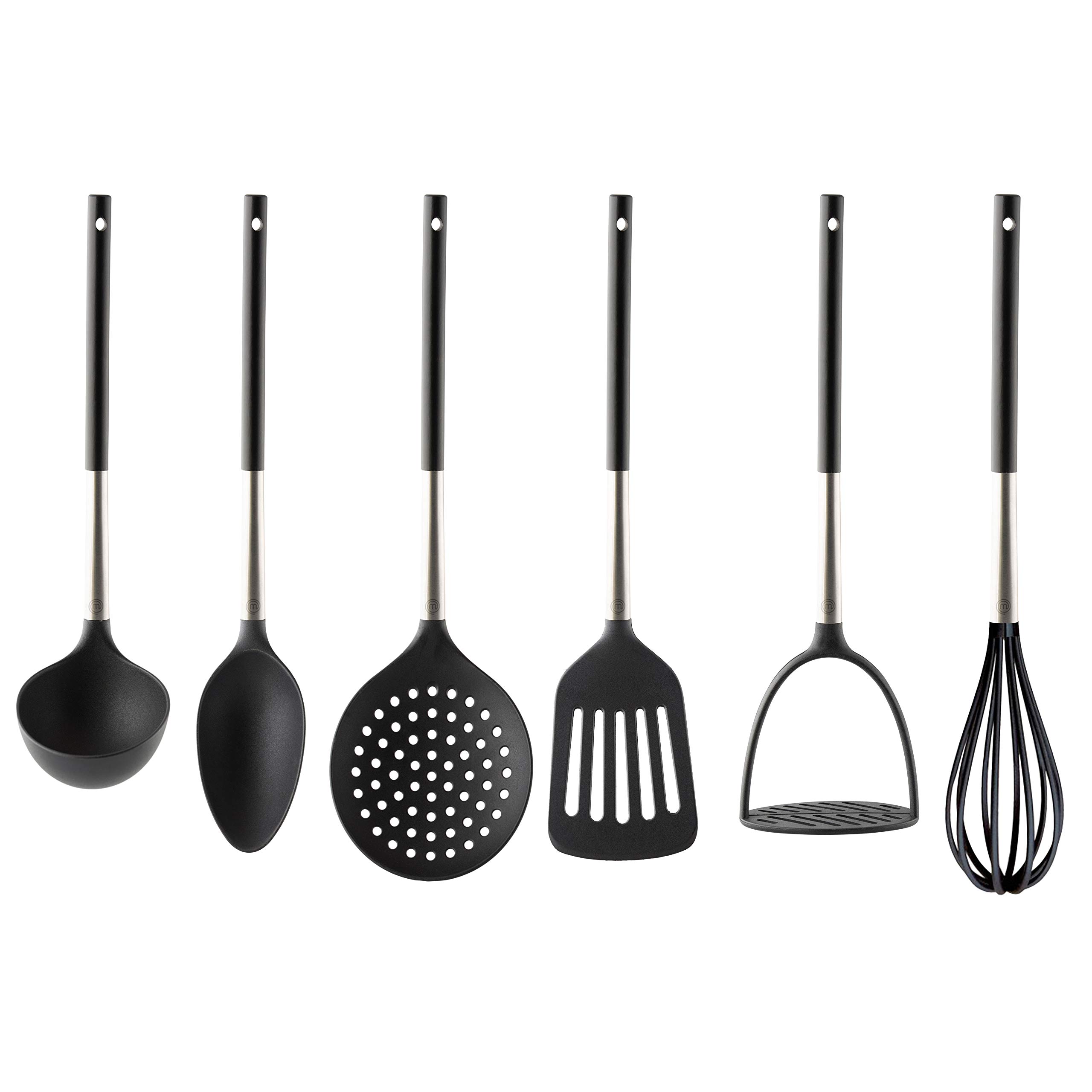 MasterChef 525513 6-Piece Utensil Set, Incl. Slotted Turner, Ladle, Spoon, Skimmer, Potato Masher & Whisk, Stainless Steel w/Nylon Head