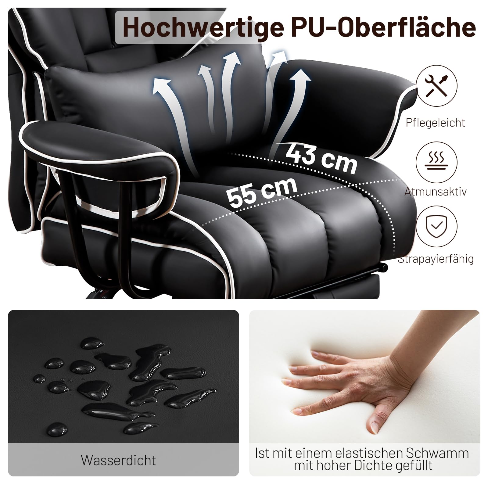 Ckaff Bürostuhl Chefsessel Ergonomisch, Gaming Stuhl aus PU Leder, Bürostuhl 200kg mit Fußstütze und Lendenwirbelstütze, Schreibtischstuhl mit Verstellbarer Rückenlehne (Schwarz) 7