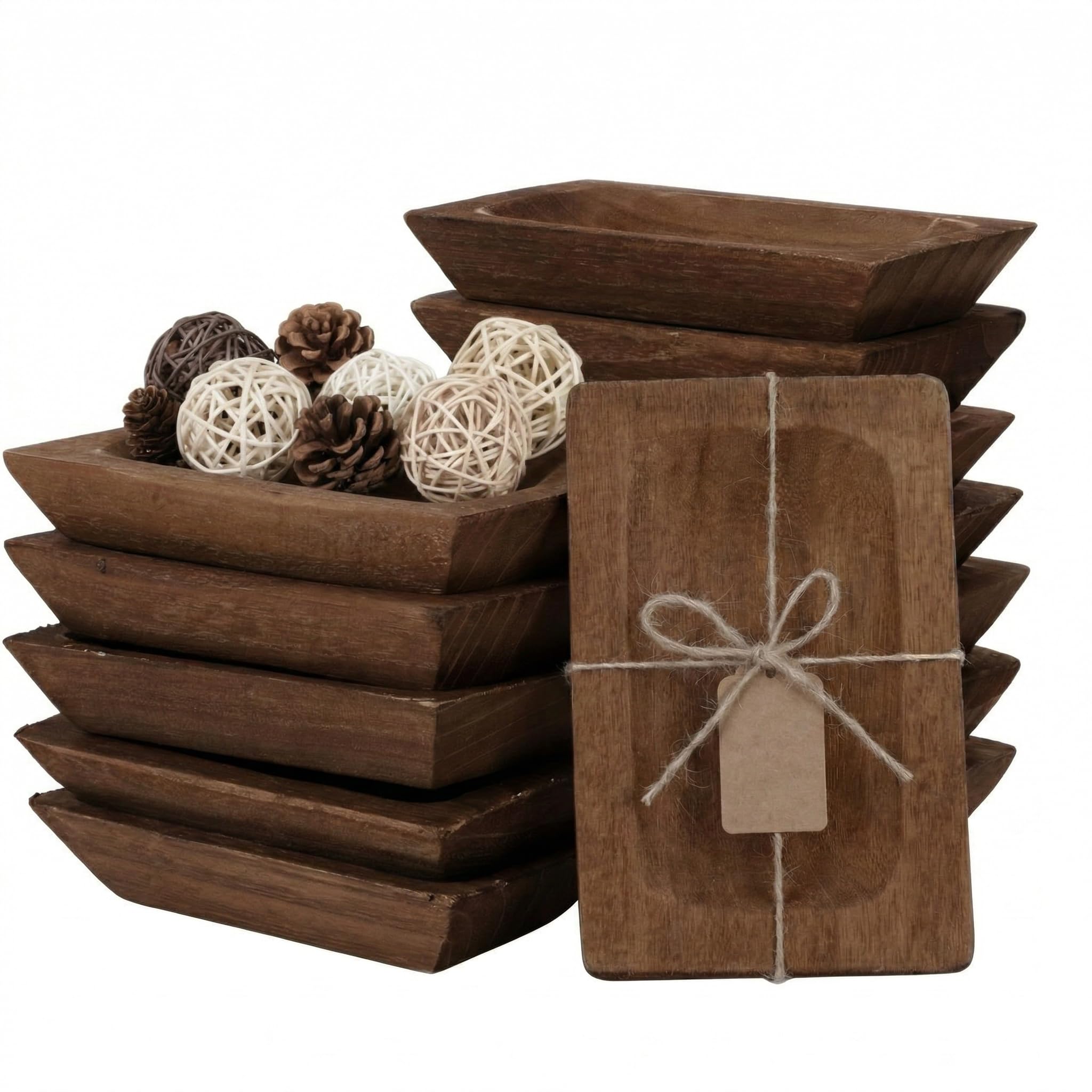 Photo 1 of Tioncy 12 Pcs Wooden Dough Bowls Bulk Rustic Decorative Wood Dough Bowls for Decor with Card, Vintage Hand Carved Paulownia Wood for Wedding Farmhouse Decor DIY Crafts Table Display (Rectangular)