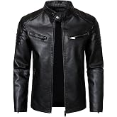 HOOD CREW Men&rsquo;s Faux Leather Motorcycle Jackets Stand-up Collar Leather Jacket Vintage Coats Outwear