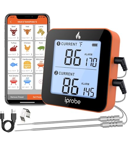 Wireless Meat Thermometer With Bluetooth/WiFi - Dual Probe, 800ft Range, App Control For BBQ & Grilling (Includes Knife & Fork)