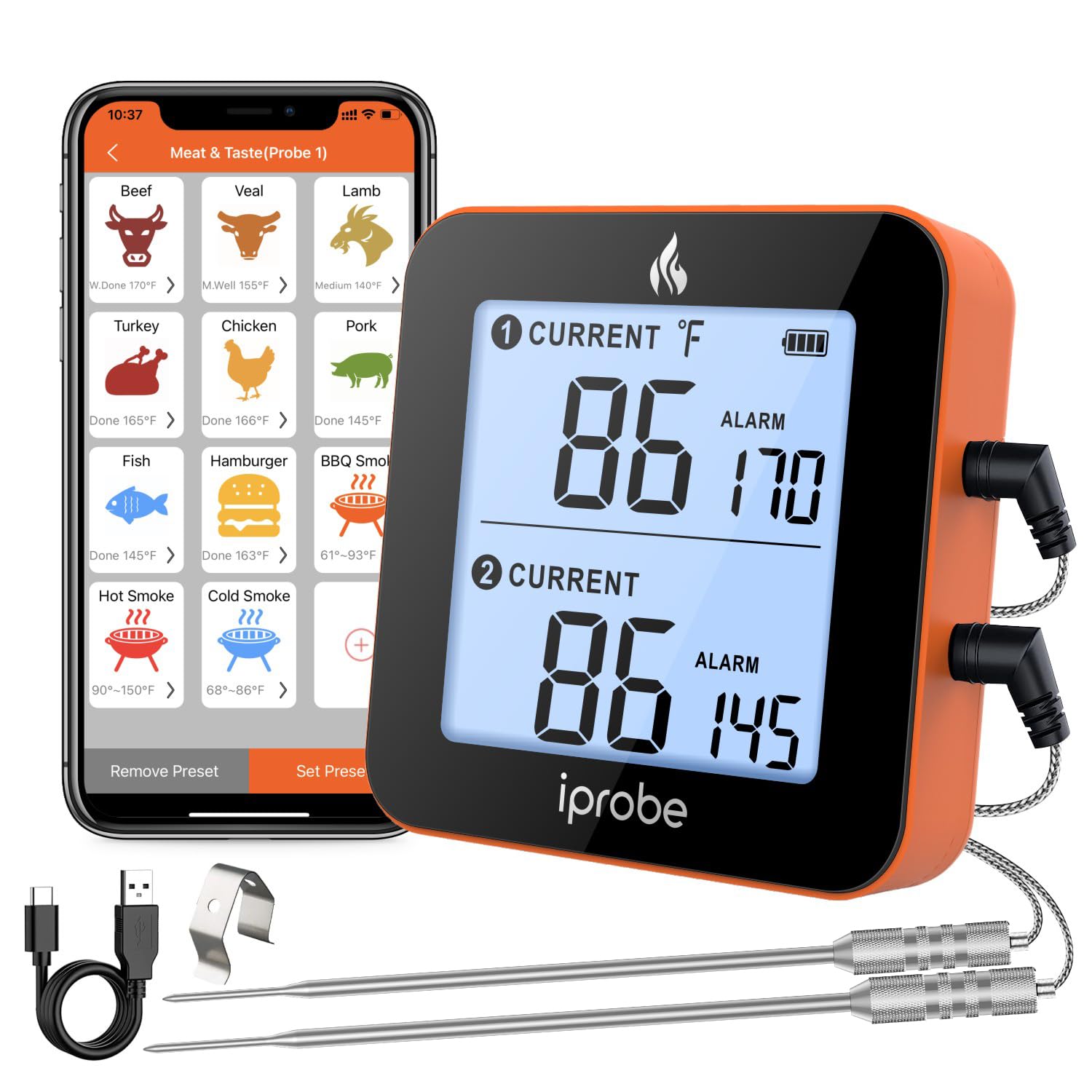 Photo 1 of iProbe 600 ft Range Digital Wireless Meat Thermometer with 2 Probes - Bluetooth & Rechargeable for Grilling Smoker Turkey, Fish, Beef