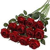 FLORRALIA Burgundy Fake Roses Artificial Flowers - 10 Pcs Fake Artificial Roses Silk Flowers with Stems for Home Wedding Hotel Office Centerpiece Decor（Burgundy）