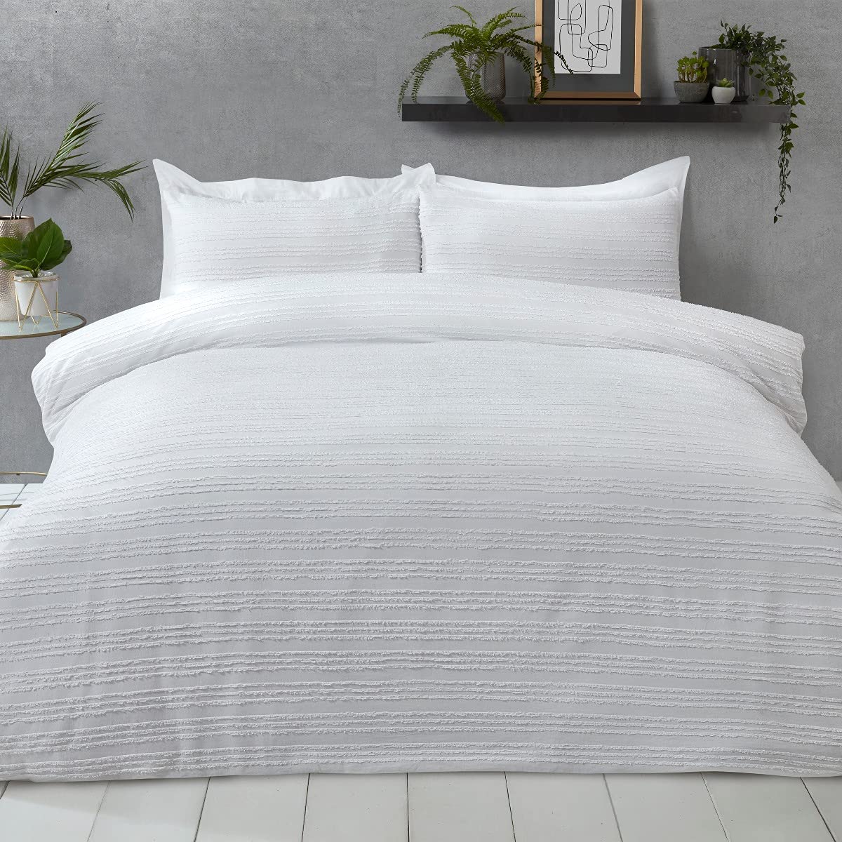 Sleepdown Tufted Stripe White 100% Cotton Luxury Easy Care Soft Cosy Duvet Cover Quilt Bedding Set with Pillowcases - Double (200cm x 200cm)