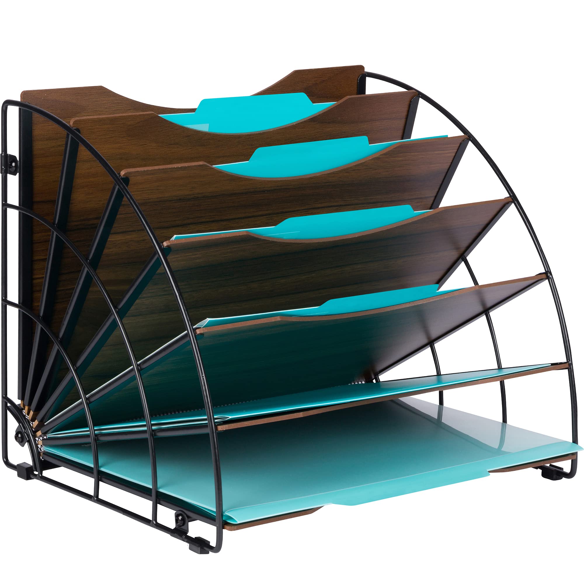 Fan Shaped Office Desk Organisers, 6 Compartments with Wood Patterned Shelves, Office Supplies Organizer for Storage of Paper, Bills, Letters, Multi-Functional Desk Organisers and Accessories