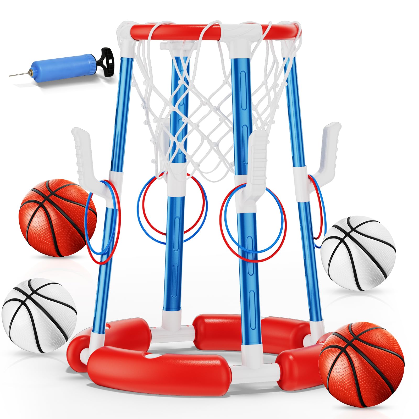 Pool Basketball Hoop, Floating Pool Toy for 3 4 5 6 7 8 9 Years Old Kids Ring Game with 4 Balls 8 Rings & Pump Outdoor Swimming Pool Basketball Games Water Play Toy Family Party for Kids Adults