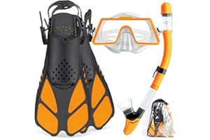 Tongtai Mask Fin Snorkel Set with Adult &Kids Snorkeling Gear, Panoramic View Diving Mask,Trek Fin,Dry Top Snorkel +Travel Bags, Professional Snorkel for Lap Swimming