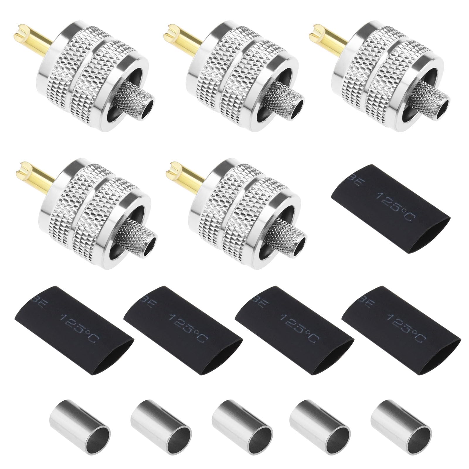 5pcs PL259 Connector Male Plug Connector for Coaxial Cable Compatible with LMR240 RG8X 4D-FB Coaxial Cables with Compression Sleeves Heat Shrink Tubes