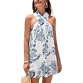 CUPSHE Women's Paisley Mini Dresses Sleeveless Summer Criss Cross Halter Short Beach Cover Up Dress