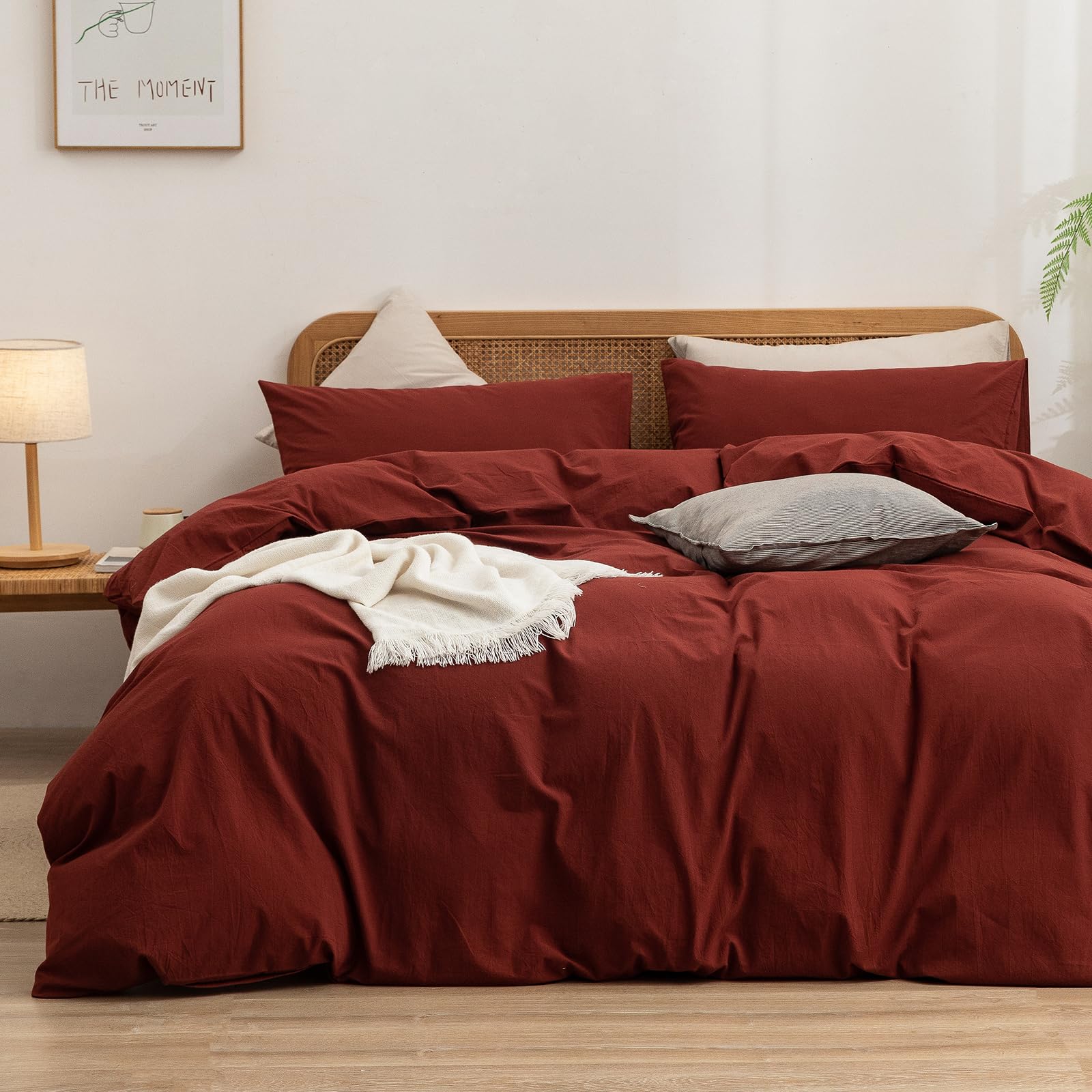 Photo 1 of BESTOUCH Duvet Cover Set 100% Washed Cotton Linen Feel Super Soft Comfortable Chic Lightweight 3 PCs Home Bedding Set Solid Fired Brick Red King