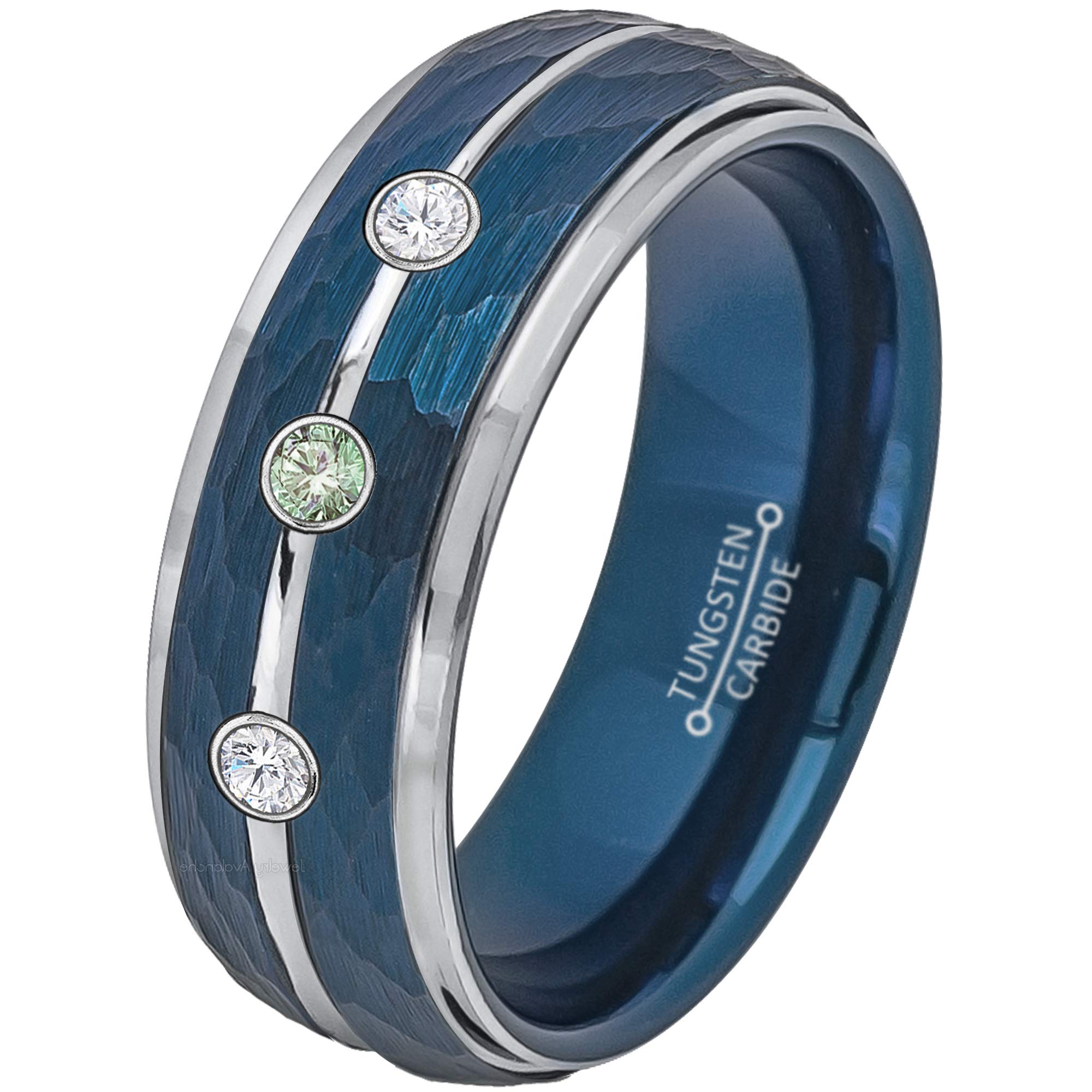 0.21ct Alexandrite and White Diamond 3-Stone Tungsten Ring - June Birthstone - 8MM Two-Tone Blue-Pla