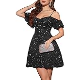 Meetjen Womens Short Cocktail Dresses 2026 Formal Party Sparkly Sequin Graduation Off Shoulder Prom Dress for Teens