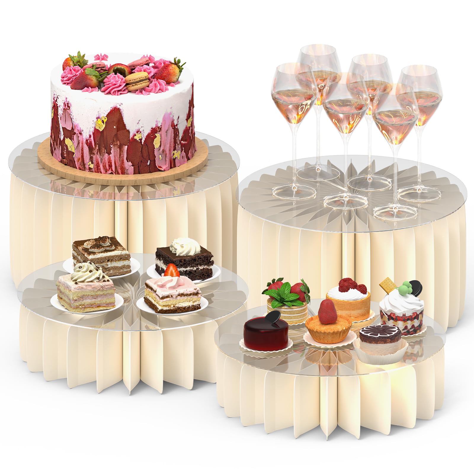 Photo 1 of VANITURE 4 PCS Buffet Risers, Foldable Food Risers for Buffet Table, Cylinder Display Stands for Party, White Cake Cupcake Stands for Food Display, Catering Supplies