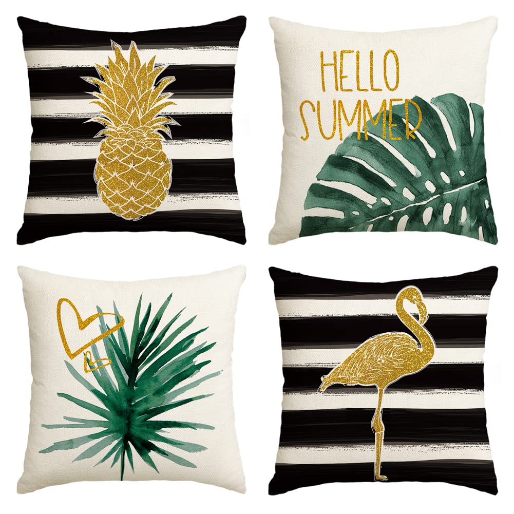 Photo 1 of AVOIN colorlife Watercolor Stripes Tropical Plants Throw Pillow Cover, 18 x 18 Inch Pineapple Flamingo Monstera Cushion Case for Sofa Couch Set of 4