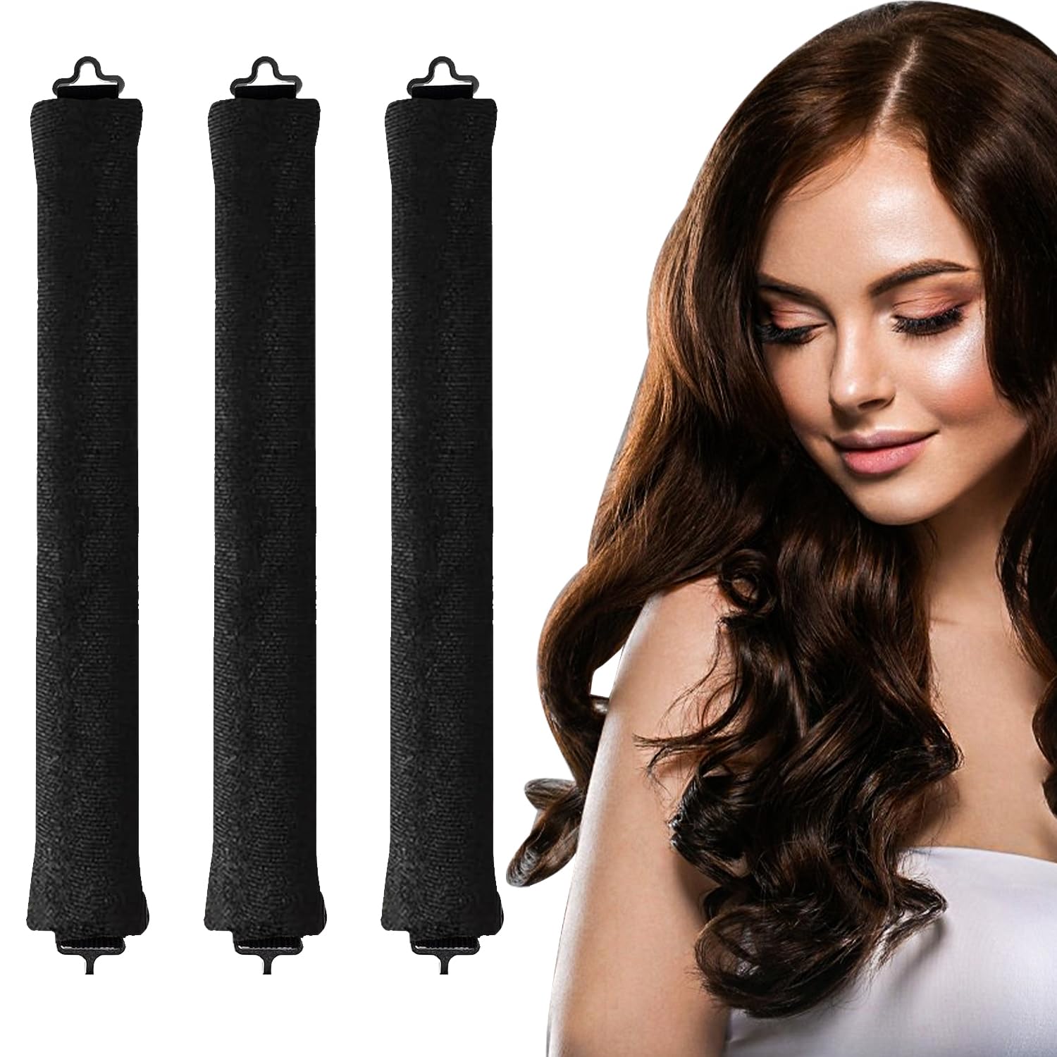 elook 3PCS Heatless Curlers, High Resilience Hair Rollers Lazy Heatless Blowout Rods, Soft Velvet Thick Flexi Rods with Hook, Women Long DIY Hair Styling Tools - Black