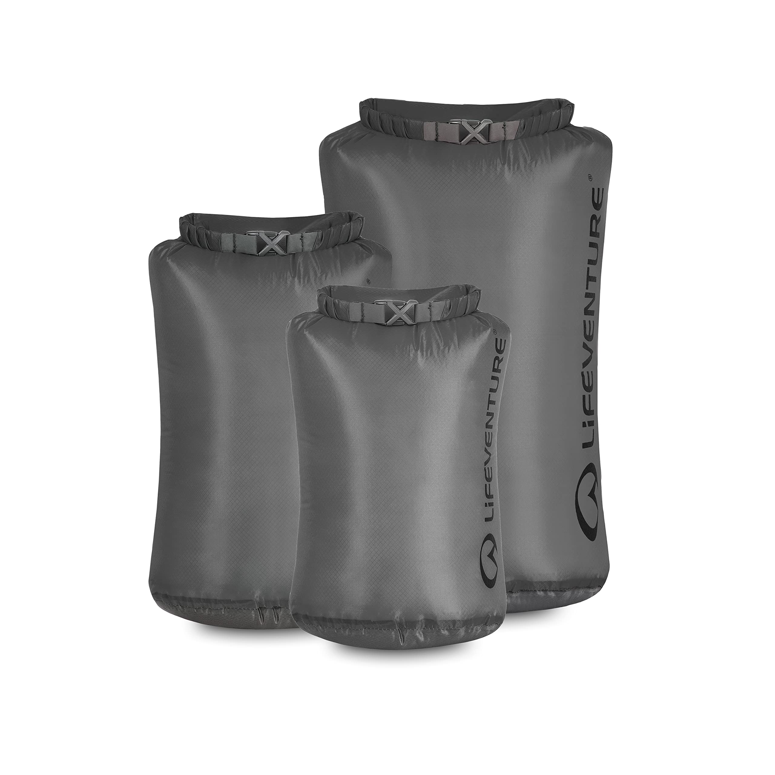 Lifeventure Ultralight Dry Bag Multi-Pack, Siliconized Rip-Stop Fabric with Fully Taped Seams (5L, 10L, 25L), Grey