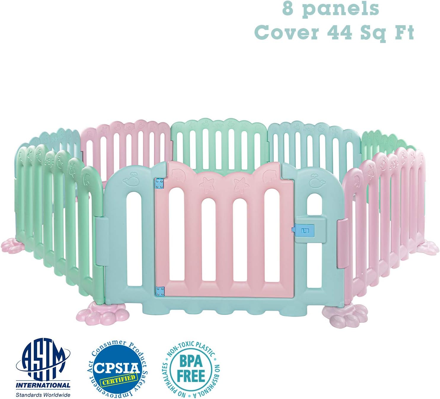 Baby Playpen, Kids Safety Activity Center Playard w/Locking Gate, Watering Base, Adjustable Shape, Large Space Baby Play Yard for Outdoor and Indoor Use (Tricolored, 44 sq ft)