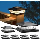 APONUO Solar Post Cap Lights 6 Pack for 4x4 5x5 6x6 Wood &amp; Vinyl Fences - IP65 Waterproof, All-Night Auto On/Off, Warm/Cool White Light, Outdoor Deck Patio Garden (Black)