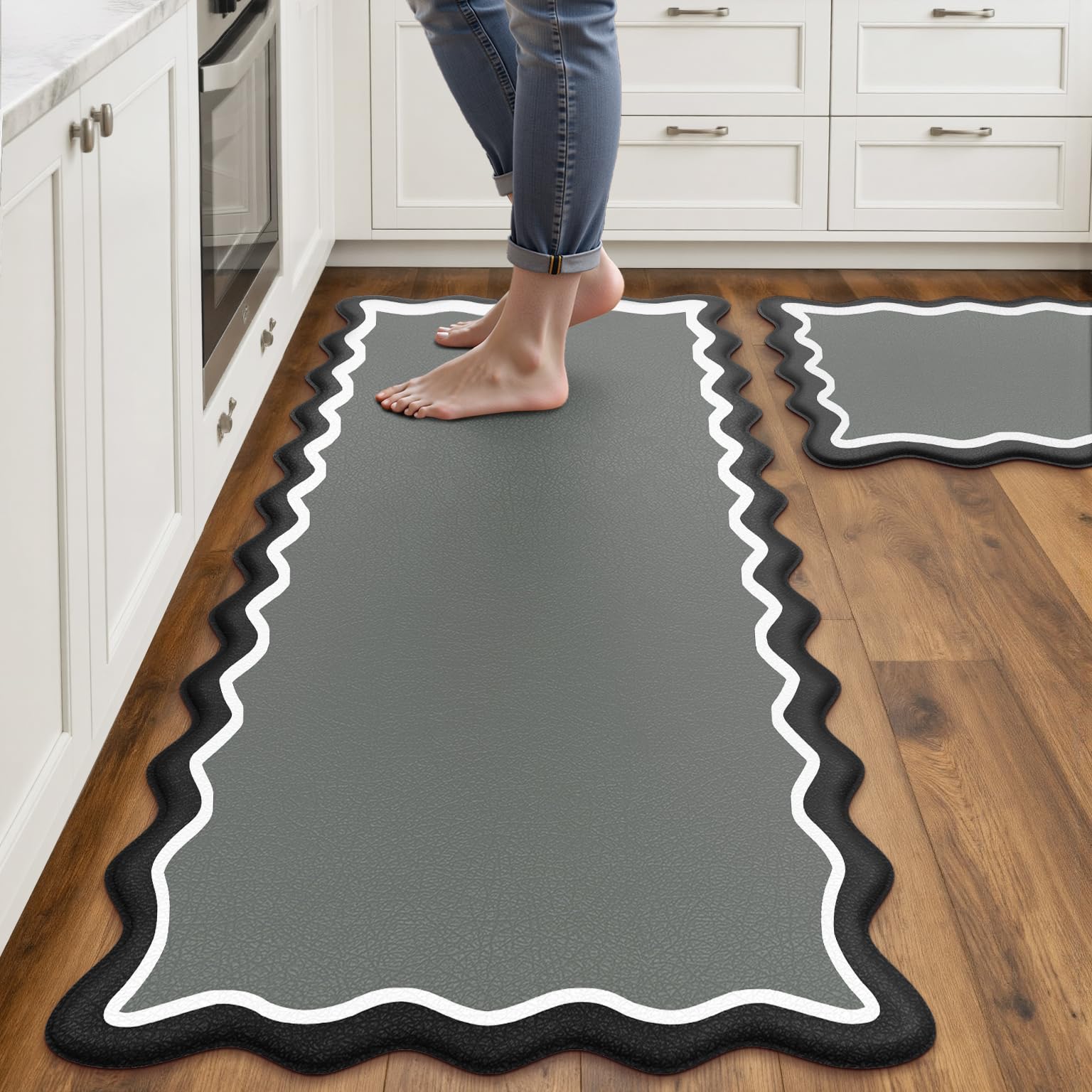 Photo 1 of **BROWN NOT BLACK** Arenarug Scalloped Brown Kitchen Mats Rugs Sets of 2 Cushioned Anti Fatigue Floor Mat Waterproof Kitchen Rugs Non Slip Foam Comfort Standing Mat for Sink Laundry