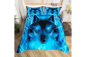 Feelyou Wolf Bedding Set Safari Animal Pattern Duvet Cover Cool Wildlife Style Comforter Cover for Boys Girls Kids Room Decor Glitter Blue Wild Wolf Bed Set King Size With 2 Pillow Case (No Comforter)