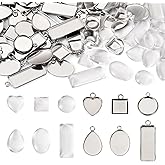 Craftdady Stainless Steel Pendant Cabochon Settings Heart Square Teardrop Flat Round Oval Rectangle Blank Bezel Trays Base Pendant with Glass Cabochons for DIY Earrings Necklace Jewelry