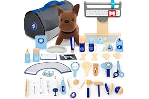UMU Doctor Kit for Kids, Wooden Pretend Play 37 Pcs Pet Care Play Set Doctor Playset for Toddlers, Montessori Toys Dentist Kit for 3-8 Years Old Boys and Girls