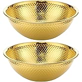 Acellegic 2 Pack Gold Hammered Stainless Steel Salad Bowls 13"x4.3" Round Mixing Bowls Decorative Metal Dish for Fruit, Soup, Snacks, Cereal, Dessert, Kitchen & Party Supplies