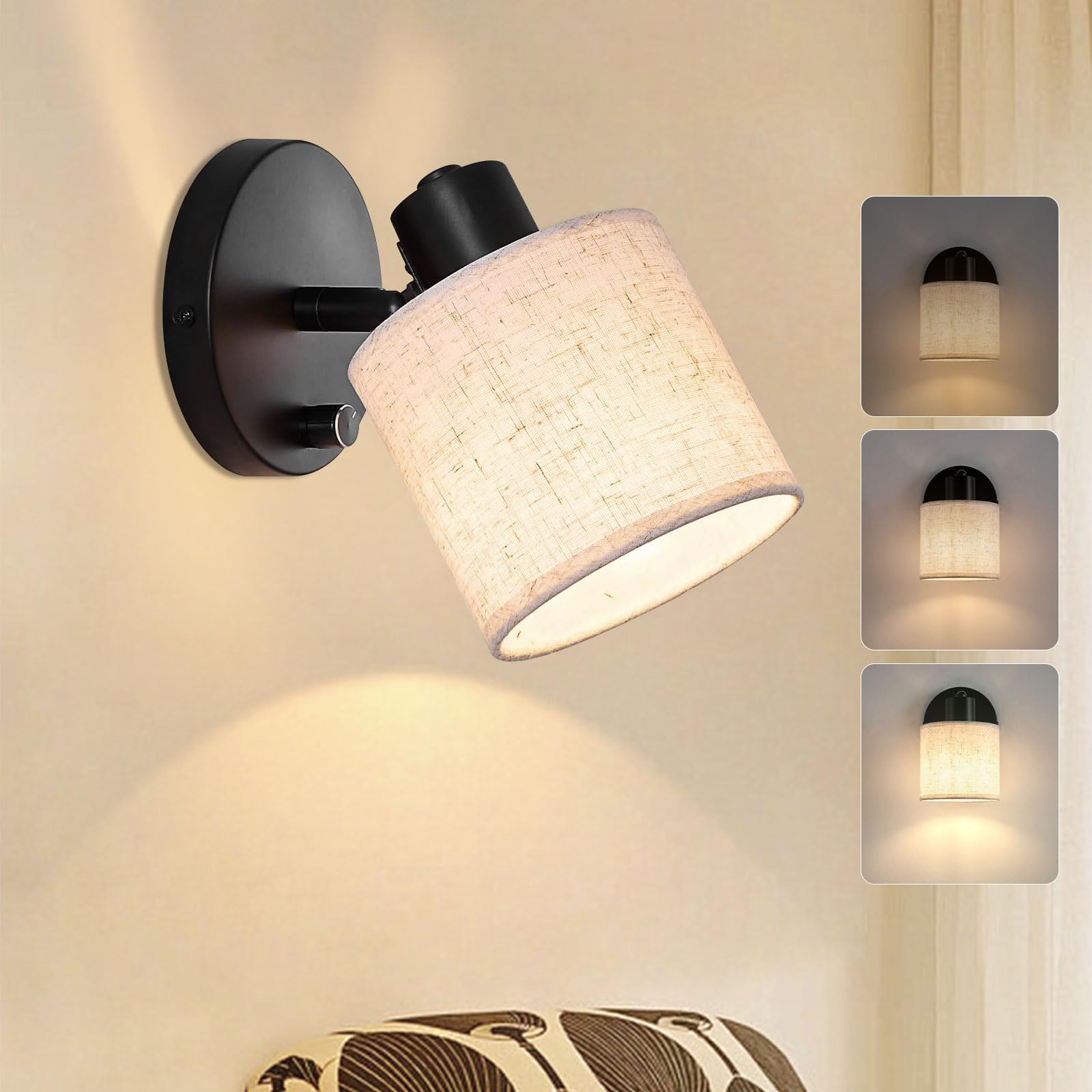 Lightess Wall Light with Switch Dimmable Black Wall Sconce with Beige Linen Fabric Shade Vintage E27 40W Indoor Bedside Wall Lamp for Bedroom Living Room Hallway