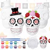 Seenelling 2 Pack Halloween Ready to Paint Statues 4'' DIY Skulls to Paint | Unpainted Ceramic Skulls, 12 Paints 3 Brushes, Christmas Home Ceramic Crafts to Paint, Blank Paintable Figurines Set