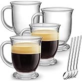 Mfacoy Glass Coffee Mugs Set of 4, Clear Large Coffee Mug 15 Oz With Handles for Hot Beverages, Clear Mugs for Tea, Cappuccino, Latte, Espresso Coffee, Juice, Glass Coffee Cups | Large Coffee Mug, With Handles, for Hot Beverages, Clear Mugs, for Tea, Cappuccino