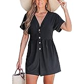 CUPSHE Rompers for Women Summer V Neck Button Front Short Sleeve Casual One Piece Jumpsuits Dressy Overalls Vacation Outfits