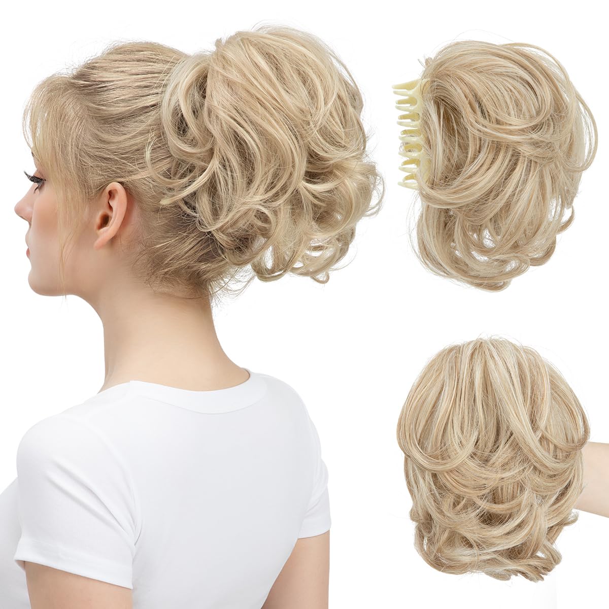 Photo 1 of youngways Claw Clip Short Ponytail Messy Bun Hair Piece Bendable Hair Branch Extensions Fluffy Wavy Curly Synthetic Versatile Sunny Blonde Hairpieces