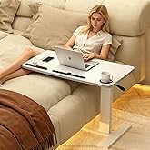 Overbed Table with Wheels &amp; USB,Pneumatic Height Adjustable Bedside Table | Hospital bed table tray,hidden wheels,cup holder,rolling laptop cart,hospital,home use,slim base,under bed,couch,recliner