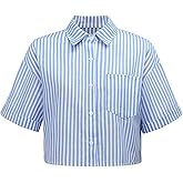 SUNNOW Womens Striped Cropped Relaxed Casual Women Oversized Cuffed Sleeve Blouse Linen Texture Women Shirt Short Sleeve Tops