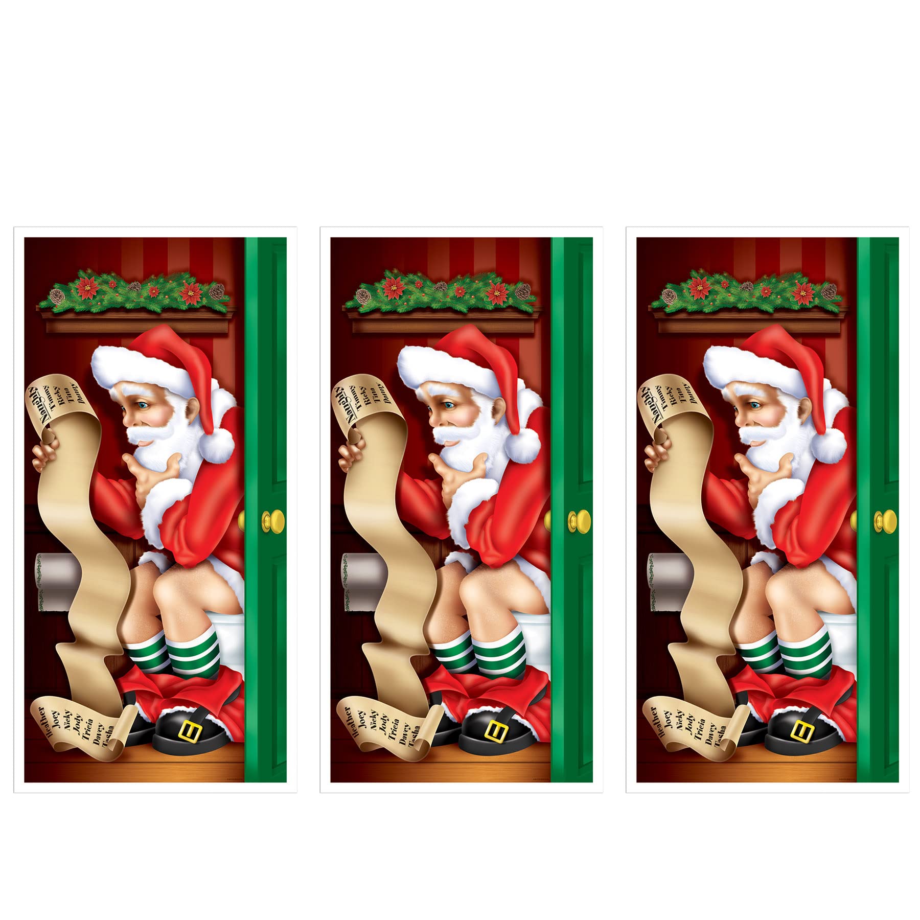 Beistle Santa Restroom Door Covers, 5’ x 30”, 3 Pieces – Festive Funny Winter Decor – Easily Display – Jolly Santa Bathroom Accessories - for Christmas Parties & Holiday Decorations