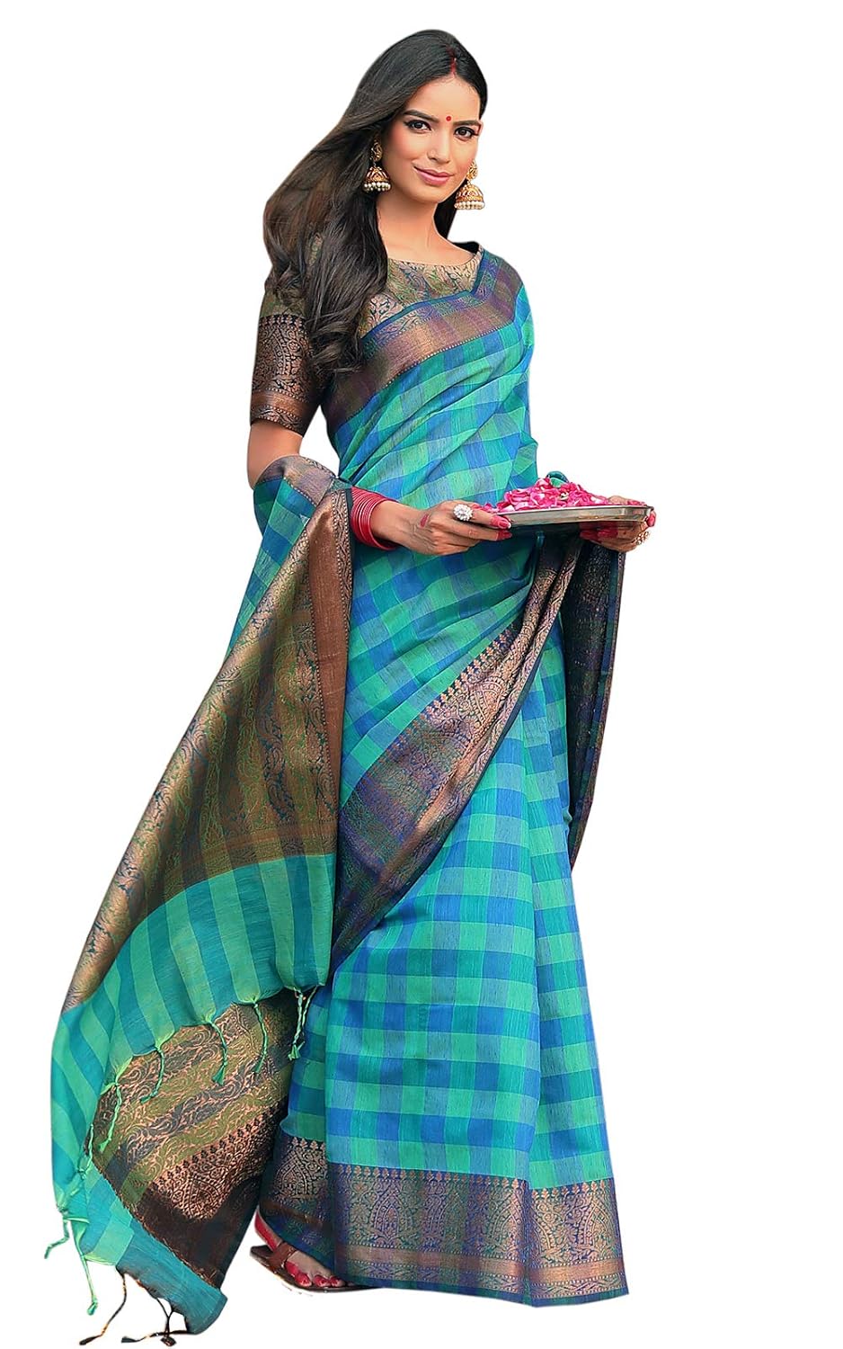Buy Meena Bazaar Women's Blue Handloom Cotton Saree With Blouse Piece (MBV101, Blue) at Amazon.in