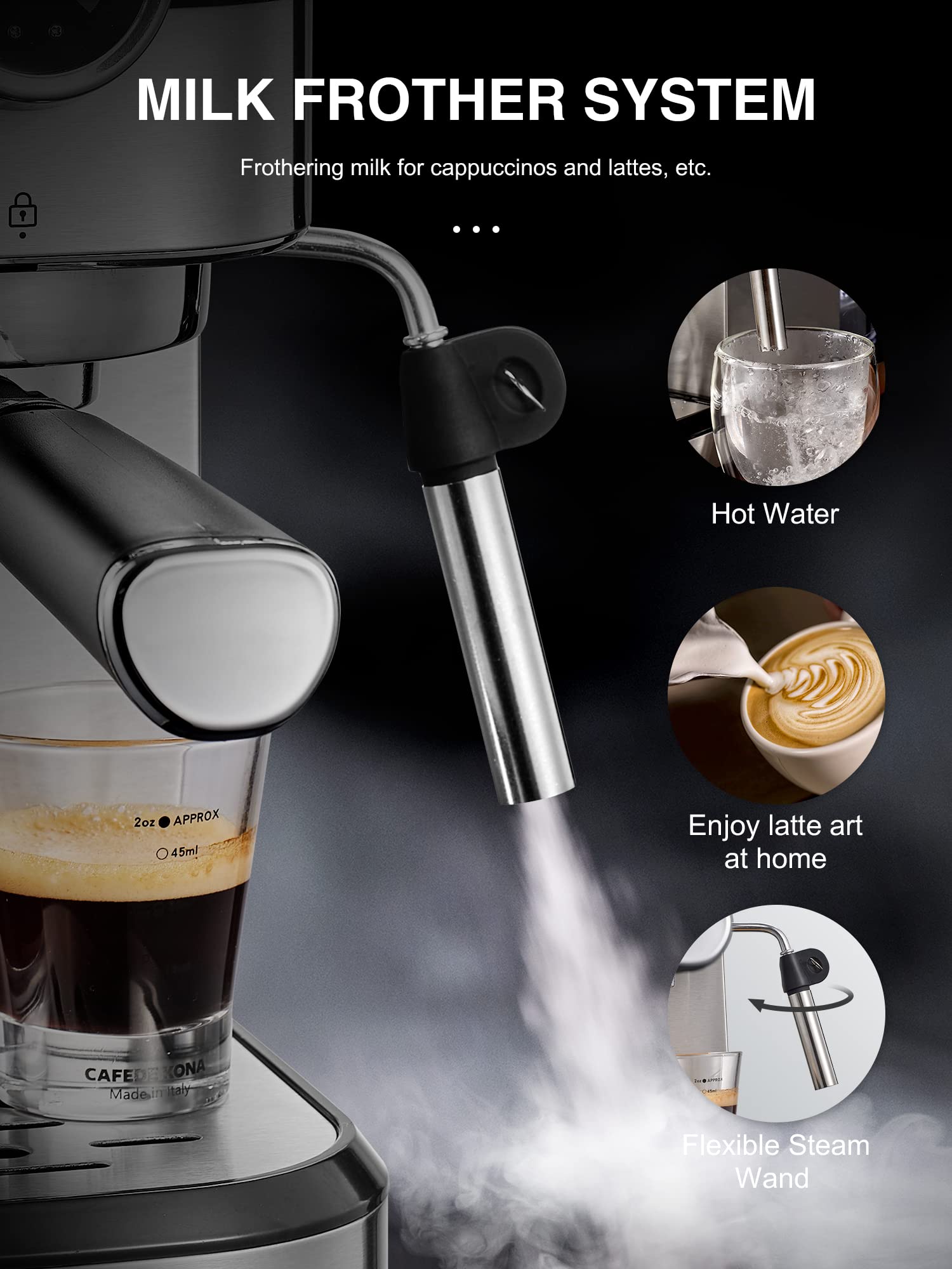 Yabano Espresso Machine, 15 Bar Fast Heating Espresso Coffee machine with Milk Frother Wand for Cappuccino, Large Water Tank, 1350W Automatic Espresso Latte Maker for Home
