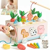Fajiabao Wooden Montessori Toys for 1 Year Old, 7-in-1 Farm Activity Toy | with Fishing Game, Pull-Along Storage Cart, Gears &amp; Play Mat for Fine Motor Play First Birthday Gift for Boys &amp; Girls Ages 1+
