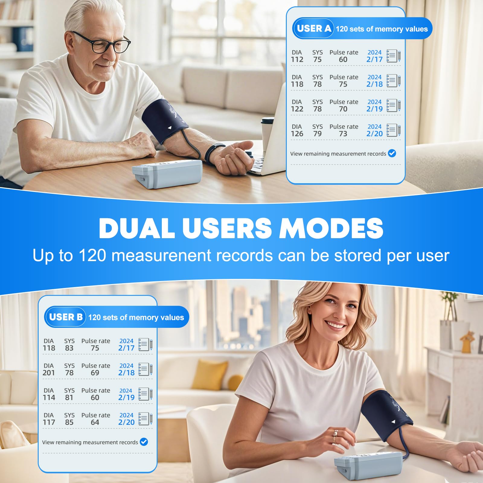Blood Pressure Monitors for Home Use with 2 Size Cuff (8.7-16.5'' & 15-21.7'' Extra Large Blood Pressure Cuff), 2x120 Memory, with USB Cable and 4 aa Batteries(Blue)