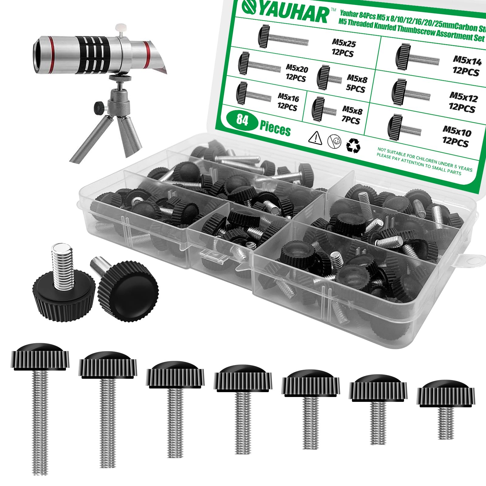 Yauhar 84Pcs 7 Size Carbon Steel M5 Threaded Knurled Thumbscrew Assortment Set, M5 x 8/10/12/16/20/25mm Black Round Male Clamping Knob Grips Thumb Screw for Repairing Machine