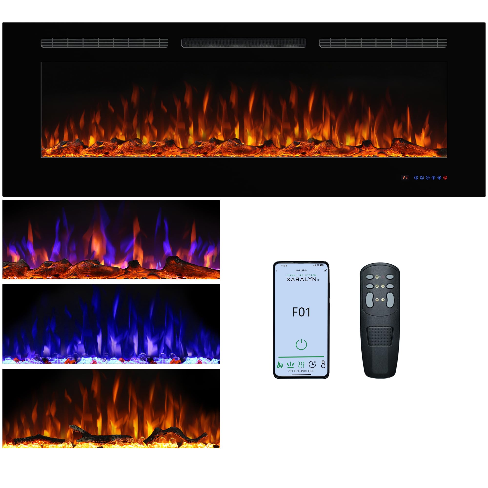 Photo 1 of Dreamflame Electric Fireplace 60inches, Wall-Mounted & Recessed Fireplace Inserts, Multicolor Flame w/5 Dimmer, Remote Control Thermostat, Timer, Overheating Protection, Hardwire Connect, 1500W,Black