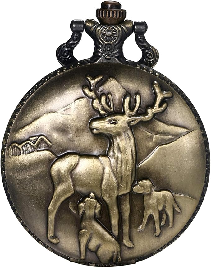 JewelryWe Pocket Watch Classic Cute Elk Watch Necklace Round Quartz