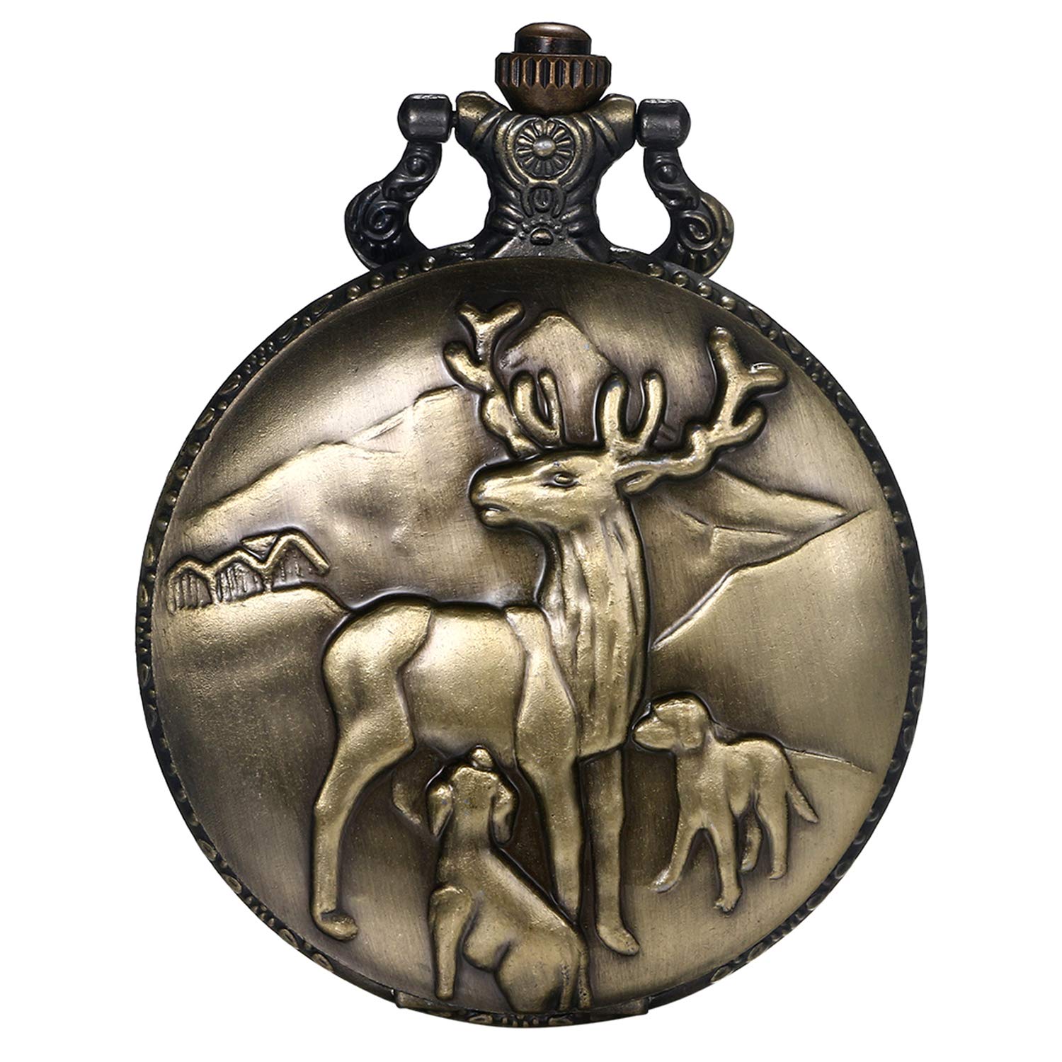 JewelryWe Pocket Watch Classic Cute Elk Watch Necklace Round Quartz Watch Pendant Chains for Men Women